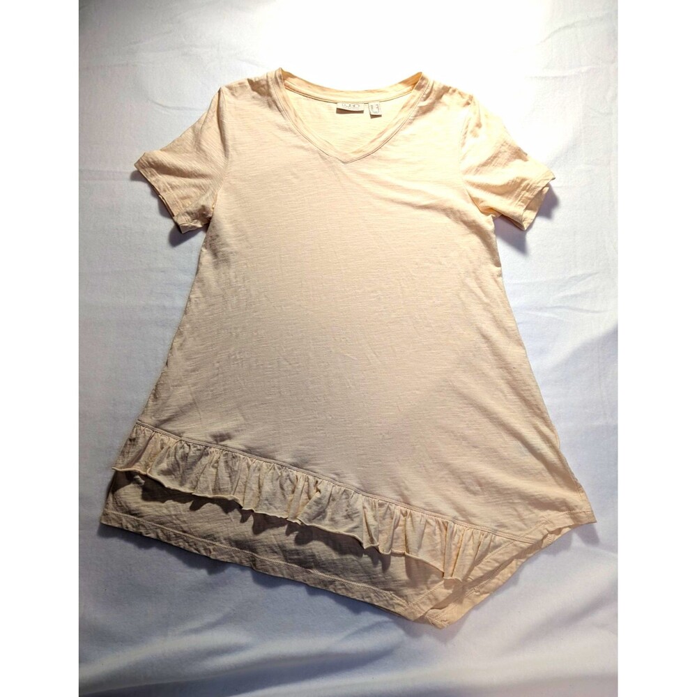 LOGO by Lori Goldstein Beige Solid V-Neck Short Sleeve Ruffle T-Shirt XS